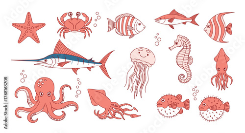 Collection of various cartoon sea creatures including fish, octopus, starfish, and jellyfish.