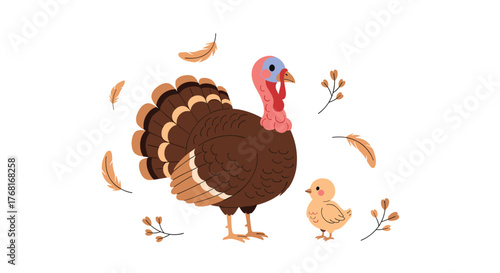 A Thanksgiving illustration of a mother turkey and her chick surrounded by feathers and autumn leaves.