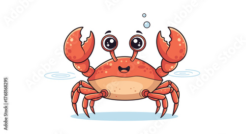 Cute cartoon crab with big eyes and raised claws in shallow water with bubbles.
