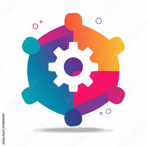 Dynamic Teamwork and Process Management Icon with a Central Gear Symbolizing System Integration and Collaboration