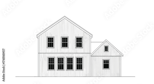 Architectural drawing of a two-story modern farmhouse with multiple windows.