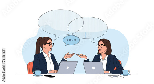 Two businesswomen in suits discussing something with speech bubbles above their heads.