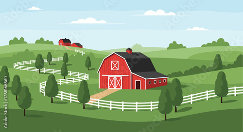 A picturesque farm scene with rolling green hills, a red barn, and a winding white fence.