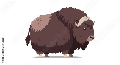A cartoon illustration of a dark brown musk ox with light tan horns and a light tan patch on its side.