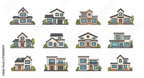 Collection of twelve diverse illustrated modern and traditional house designs.