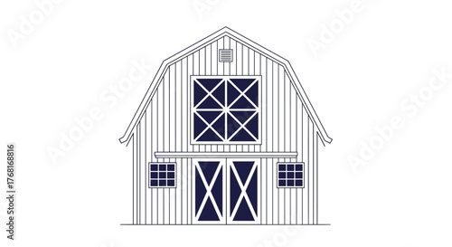 Simple line drawing of a traditional barn with Dutch doors and cross-shaped windows.