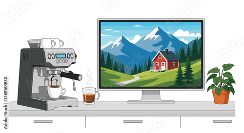 Espresso machine making coffee next to a computer displaying a mountain landscape and a potted plant.