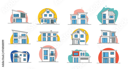 Collection of twelve modern house illustrations with colorful abstract backgrounds.