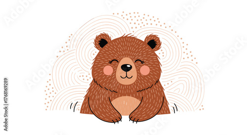 Cute cartoon bear with blushing cheeks peeking from behind abstract organic shapes.