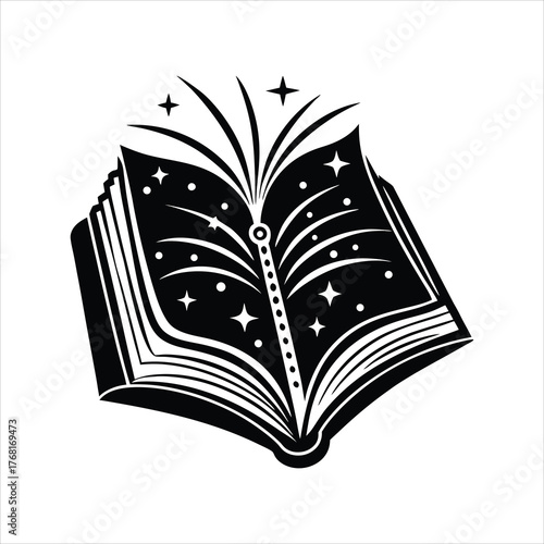 Spell book open with sparkles and swirling lines