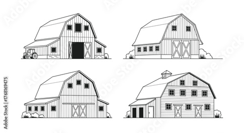 Four distinct barn illustrations in a line drawing style, set against a white background.