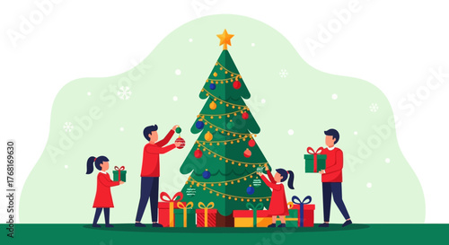 Family decorating a Christmas tree with gifts and ornaments, festive holiday spirit