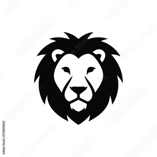 Bold and Powerful Lion Head Emblem with a Fierce Expression and Detailed Mane in Black and White Style