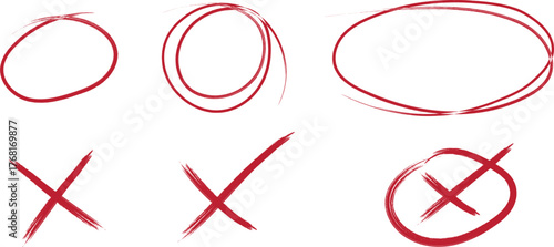 Red hand-drawn circles and X marks sketch set, perfect for highlights, checklists, corrections, note design, infographic symbols, and creative abstract line art for digital illustration projects.
