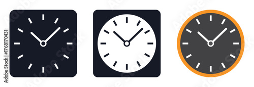 Wall clock icons set with hour and minute hands for time, schedule, and deadline management