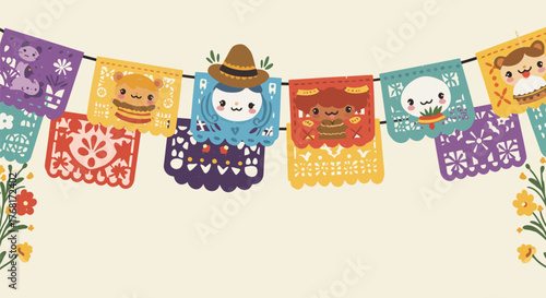 Colorful Papel Picado Banner with Cute Characters and Floral Accents.