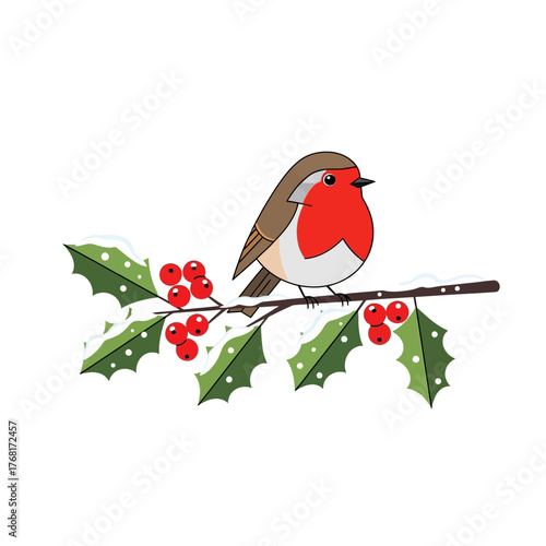 A cartoon robin perched on a snowy holly branch with red berries against a white background illustration
