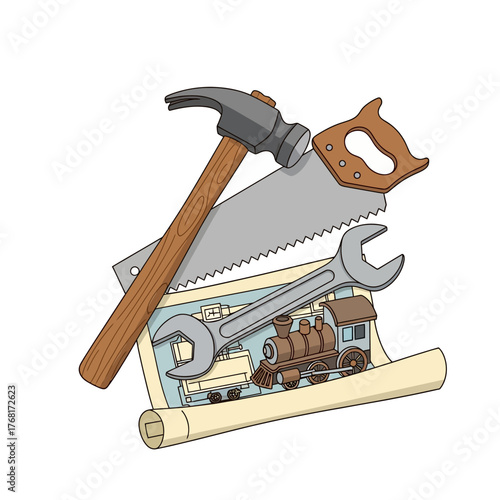Illustration of hammer saw wrench and train blueprint on a white background in cartoon style