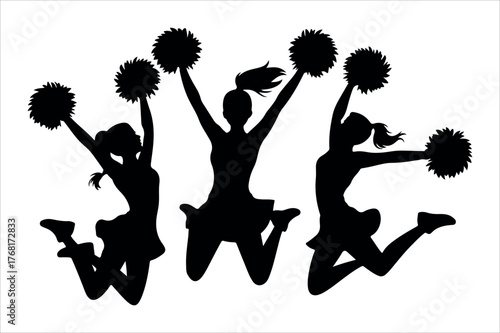 Dynamic silhouette of three energetic cheerleaders jumping with pom-poms up