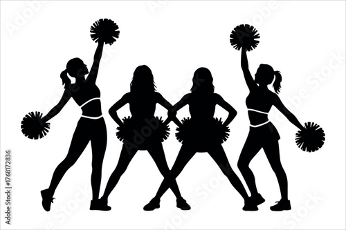 Dynamic silhouette of four energetic cheerleaders in action with pom-poms