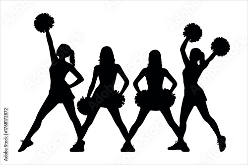 Dynamic silhouettes of four cheerleaders performing energetic routine with pom-poms
