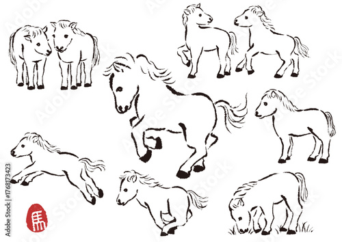 筆で描いた色々なポーズの小馬