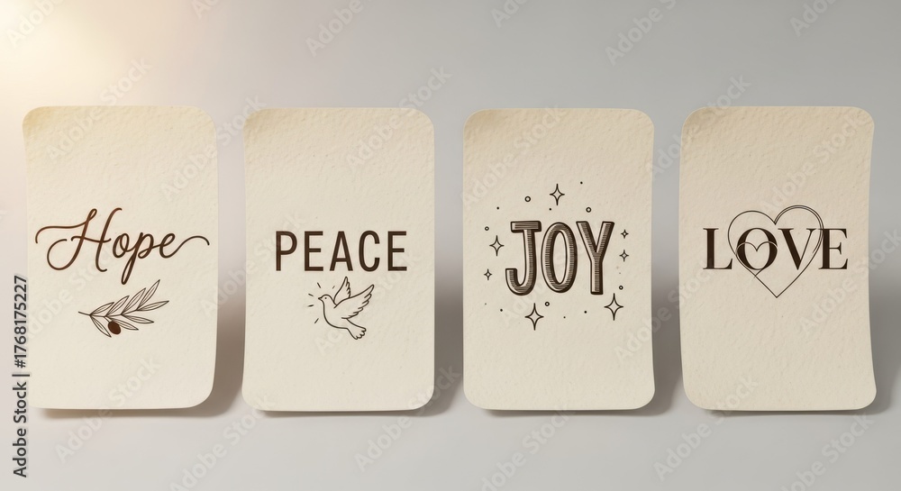 Four cards with the words 'Hope', 'Peace', 'Joy', and 'Love' written on them.
