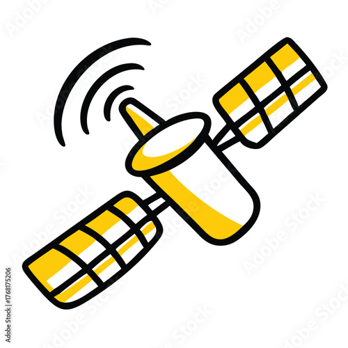 Yellow and black cartoon satellite with signal waves on white background Keywords: satellite, space, communication