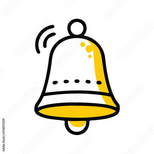 Yellow and white hand-drawn bell icon with ringing waves on white background notification
