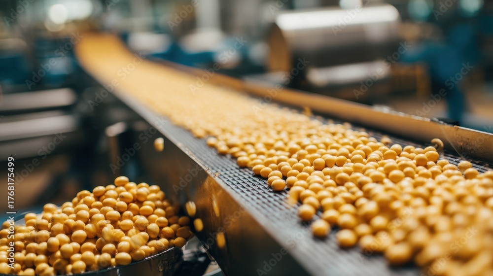 Fototapeta premium Close-up shot of a conveyor belt filled with processed soybeans, ready for industrial packaging and distribution.