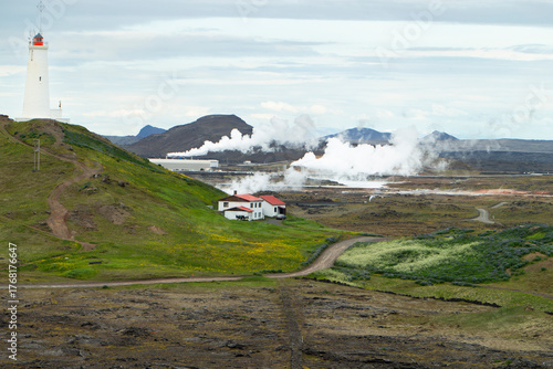 Geothermal Power Plant in Icelandic Landscape with Mountains and Hills