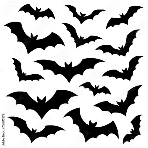 A clean vector illustration featuring fifteen black bat silhouettes in various flying positions and wing shapes, arranged against a white background