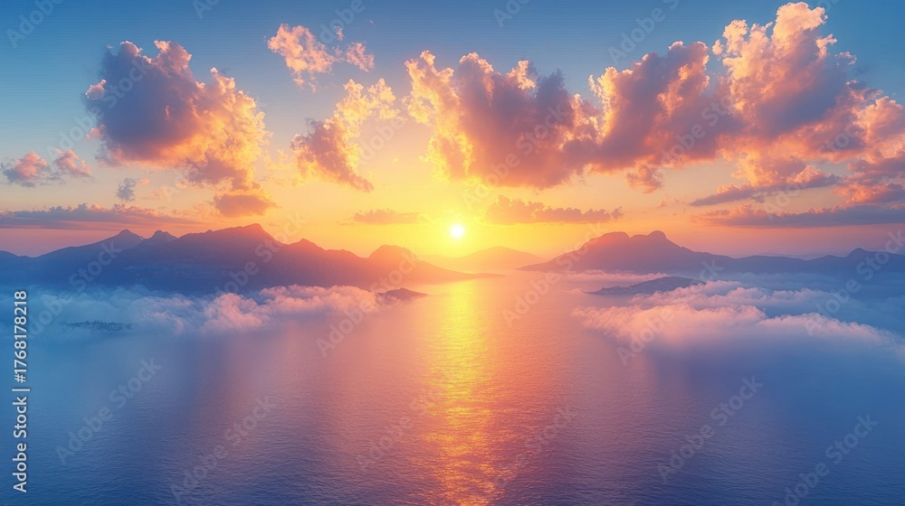 Obraz premium Majestic sunset over serene ocean, with sun's glow reflecting off water and distant peaks