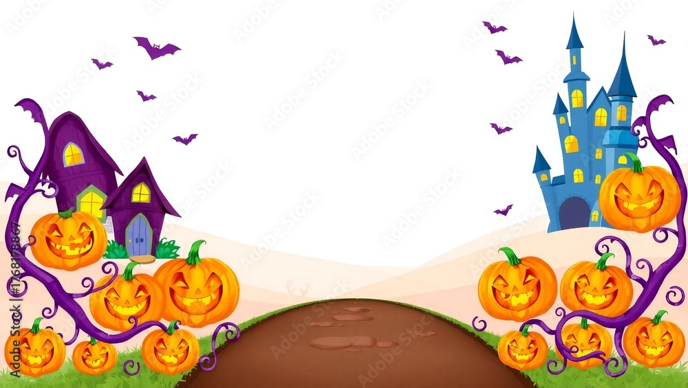 Naklejka premium Whimsical halloween scene with pumpkins haunted houses and a castle