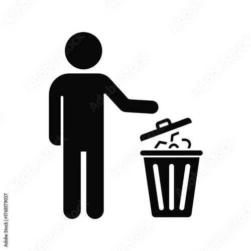 Silhouette of person disposing trash into a bin cleanup action symbol vector