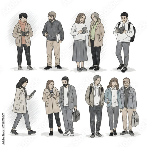 Diverse urban people group, casual sketch vector of city residents with different outfits, reading phones and interacting outdoors