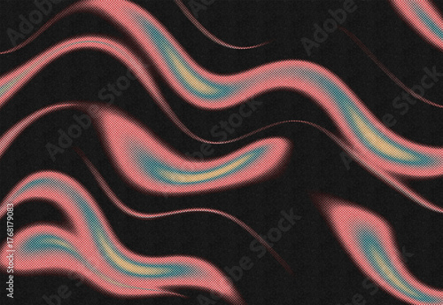 Abstract groovy background with psychedelic liquid waves in retro pink and teal colors, featuring a soft gradient and vintage grain texture