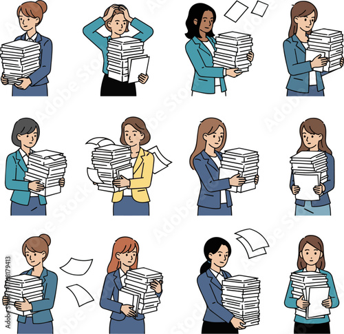 Create a kinds of deferent Simple vector illustration of a businesswoman holding a large amount of documents vector art with white background..