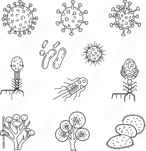Create a kinds of deferent Simple vector line icon illustration of viruses and mold vector art with white background.