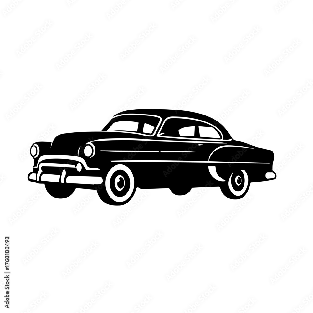 Naklejka premium Black and white vector silhouette of a 1950s Retro Car