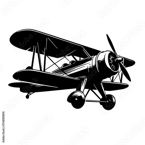 Black and white vector silhouette of a Vintage Airplane.