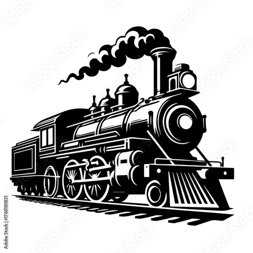 Black and white vector silhouette of a Steam Train Locomotive.