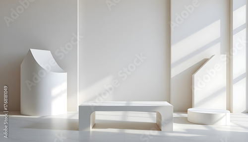 Empty geometric design interior forms, place with empty space - table and stage, empty blank plaster walls and shapes with soft light and shadow, table for product placement or design solutions