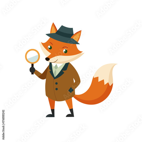 Fox with magnifier on transparent background