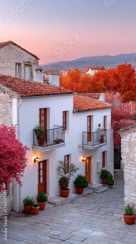 Charming White Village House with Terracotta Roof and Vibrant Pink Trees at Golden Hour with Soft Lighting and Mountainous Background
