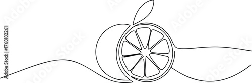 Minimalist black line art of a whole and sliced orange with leaf