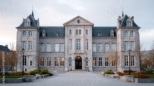 Grand Stone Historic European Building With Tall Windows and Ornate Towers Under a Soft Cloudy Sky in the Daytime