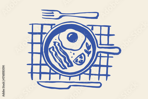 breakfast pan eggs bacon sketch blue brush line vector illustration