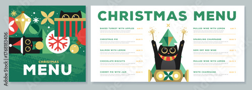 Restaurant Christmas holiday flat menu design with funny cats on emerald green background. Vector illustration