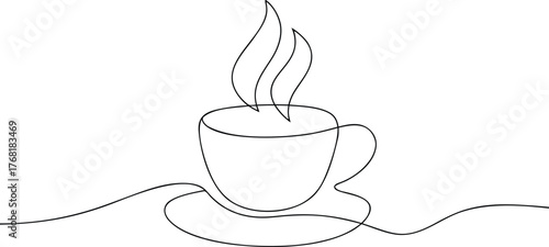 Single line drawing of a steaming coffee cup and saucer